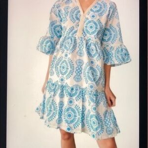 SAIPH LAB Cotton Tiered Bell Sleeved Blue and White Dress Size M Italy